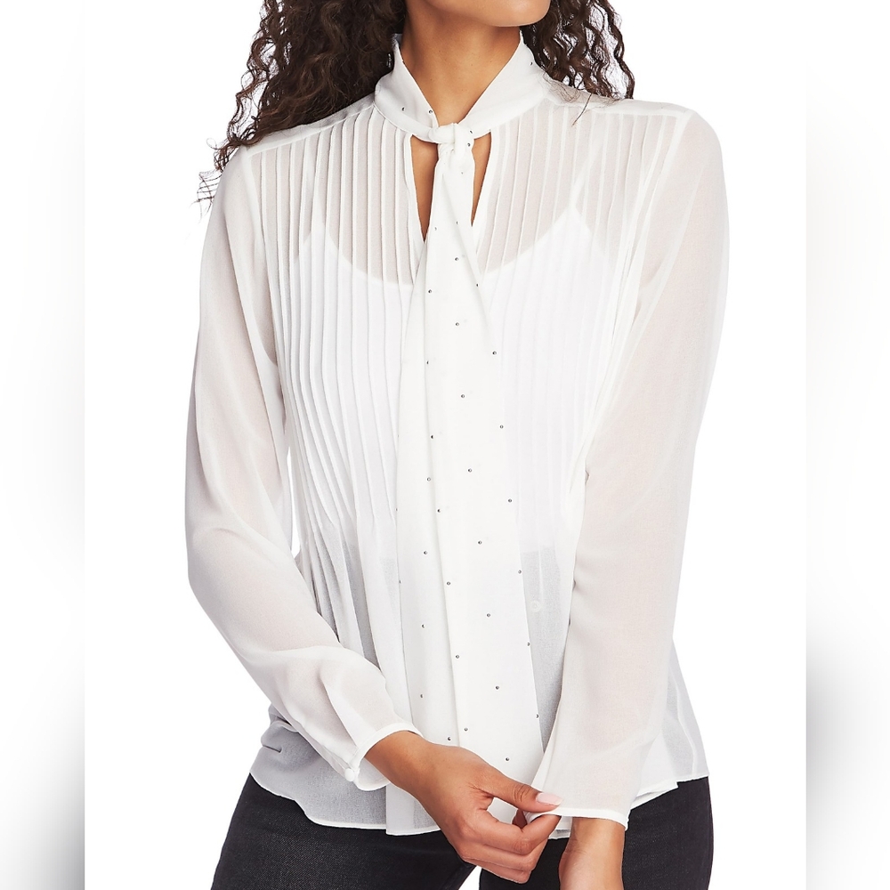 1. State White Pleated Long Sleeve Blouse